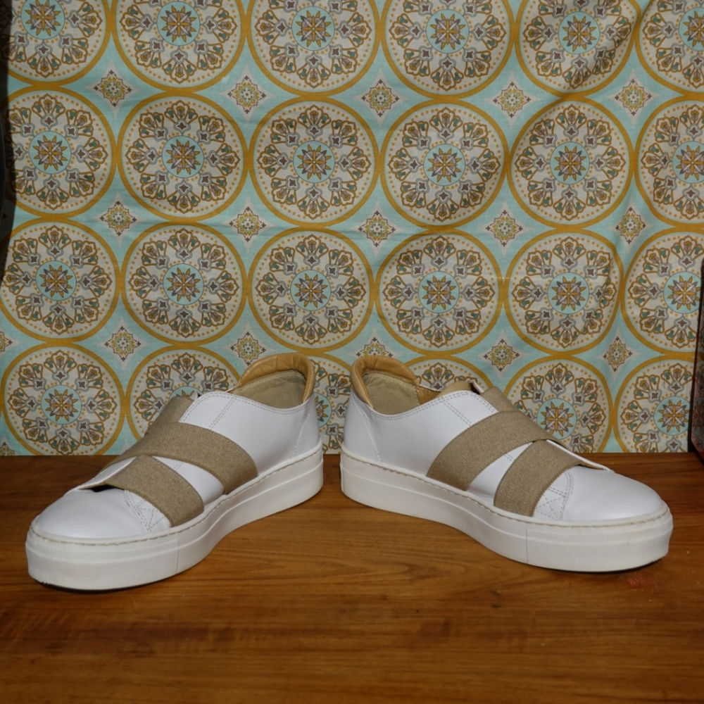 THE FLEXX White Leather Sneakers with Tan Elastic Crossing Bands, size 38 - Picture 3 of 8